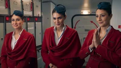 Kareena Kapoor, Kriti Sanon and Tabu in a still from Crew. Kareena Kapoor, Kriti Sanon and Tabu in a still from Crew.