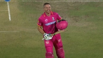 Jos Buttler celebrates century against RCB (IPL) Jos Buttler celebrates century against RCB (IPL)