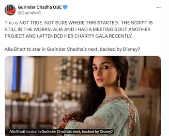 Gurinder Chadha's reaction to reports of Alia Bhatt being cast in her Disney film. Gurinder Chadha's reaction to reports of Alia Bhatt being cast in her Disney film.