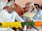 Prime Minister Narendra Modi with Bihar Chief Minister Nitish Kumar during a public meeting ahead of Lok Sabha elections, in Nawada, Bihar