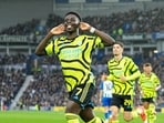 Arsenal's Bukayo Saka celebrates after scoring his side's opening goal. Arsenal's Bukayo Saka celebrates after scoring his side's opening goal.