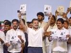 Hyderabad: Congress leader Rahul Gandhi, AICC General Secretary KC Venugopal, Telangana Chief Minister Revanth Reddy, Deputy Chief Minister Mallu Bhatti Vikramarka and others release the party’s manifesto ‘Nyay Patra’ during a public meeting (Jana Jatara), ahead of the upcoming Lok Sabha election, in Hyderabad, Saturday, April 6, 2024. (PTI Photo) (PTI04_06_2024_000342B) (PTI)