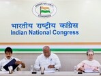 Congress President Mallikarjun Kharge with party leaders Sonia Gandhi and KC Venugopal during a Central Election Committee (CEC) meeting 