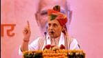 Defence minister Rajnath Singh addresses a public meeting ahead of the Lok Sabha elections in Rajasthan’s Bikaner on Sunday. (PTI)