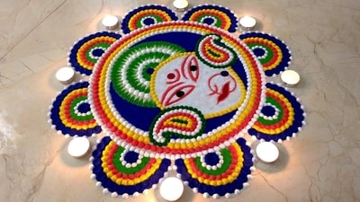 1. Rangoli design inspired by the Chandraghanta (pinterest) 1. Rangoli design inspired by the Chandraghanta (pinterest)
