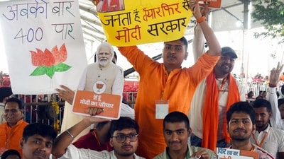 BJP supporters during Prime Minister Narendra Modi's public meeting ahead of Lok Sabha polls 2024, in Nawada on Sunday.&nbsp; (ANI)
