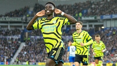Arsenal's Bukayo Saka celebrates after scoring his side's opening goal. (AP) Arsenal's Bukayo Saka celebrates after scoring his side's opening goal. (AP)