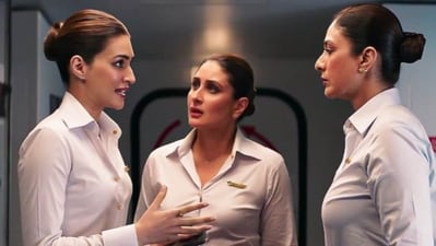 Crew stars Kriti Sanon, Kareena Kapoor and Tabu as air hostesses. Crew stars Kriti Sanon, Kareena Kapoor and Tabu as air hostesses.