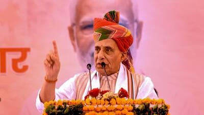 Defence minister Rajnath Singh addresses a public meeting ahead of the Lok Sabha elections in Rajasthan’s Bikaner on Sunday. (PTI) Defence minister Rajnath Singh addresses a public meeting ahead of the Lok Sabha elections in Rajasthan’s Bikaner on Sunday. (PTI)