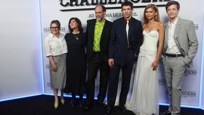Italian film director Luca Guadagnino poses with co-producers Amy Pascal and Rachel O'Connor, Mike Faist, Zendaya and Josh O'Connor upon arrival to attend the premiere of their movie Challengers on April 6. (AFP) 