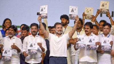Congress leader Rahul Gandhi, with AICC general secretary KC Venugopal and Telangana chief minister Revanth Reddy, hold up the party’s manifesto Nyay Patra at a public meeting in Hyderabad on April 6 (PTI) Congress leader Rahul Gandhi, with AICC general secretary KC Venugopal and Telangana chief minister Revanth Reddy, hold up the party’s manifesto Nyay Patra at a public meeting in Hyderabad on April 6 (PTI)
