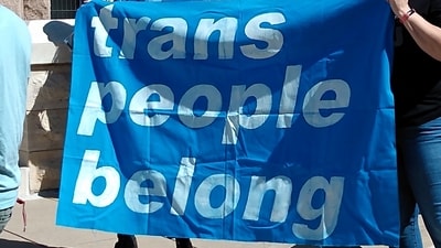 A flag supporting the rights of transpersons at a demonstration (WikiCommons)