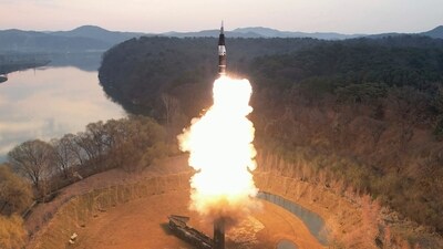 This photo provided by the North Korean government shows the test-fire of what they call an intermediate-range ballistic missile on the outskirts of Pyongyang, North Korea Tuesday, April 2, 2024. (AP) This photo provided by the North Korean government shows the test-fire of what they call an intermediate-range ballistic missile on the outskirts of Pyongyang, North Korea Tuesday, April 2, 2024. (AP)