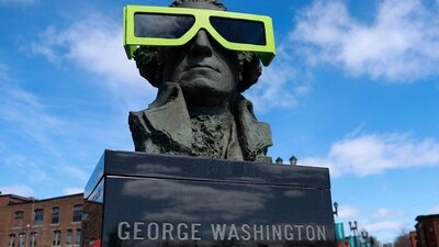 HOULTON, MAINE - APRIL 07: Eclipse glasses are worn by a statue of George Washington on April 07, 2024, in Houlton, Maine. Millions of people have flocked to areas across North America that are in the "path of totality" in order to experience a total solar eclipse. During the event, the moon will pass in between the sun and the Earth, appearing to block the sun. Joe Raedle/Getty Images/AFP (Photo by Joe Raedle/Getty Images) (Photo by JOE RAEDLE / GETTY IMAGES NORTH AMERICA / Getty Images via AFP) (Getty Images via AFP) HOULTON, MAINE - APRIL 07: Eclipse glasses are worn by a statue of George Washington on April 07, 2024, in Houlton, Maine. Millions of people have flocked to areas across North America that are in the "path of totality" in order to experience a total solar eclipse. During the event, the moon will pass in between the sun and the Earth, appearing to block the sun. Joe Raedle/Getty Images/AFP (Photo by Joe Raedle/Getty Images) (Photo by JOE RAEDLE / GETTY IMAGES NORTH AMERICA / Getty Images via AFP) (Getty Images via AFP)