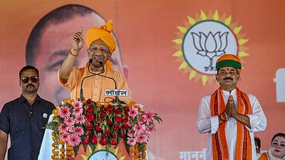 Uttar Pradesh Chief Minister Yogi Adityanath addresses during a public meeting ahead of the Lok Sabha elections, in Bharatpur, Sunday (PTI) Uttar Pradesh Chief Minister Yogi Adityanath addresses during a public meeting ahead of the Lok Sabha elections, in Bharatpur, Sunday (PTI)