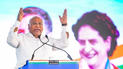 Congress President Mallikarjun Kharge speaks during a public meeting, ahead of Lok Sabha elections, in Jaipur, Saturday, April 6, 2024. (PTI) Congress President Mallikarjun Kharge speaks during a public meeting, ahead of Lok Sabha elections, in Jaipur, Saturday, April 6, 2024. (PTI)