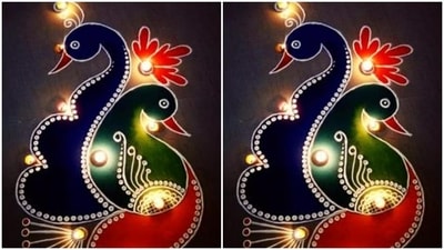4. Rangoli with colours and in the shape of a peacock to deck up your home at night (Pinterest) 4. Rangoli with colours and in the shape of a peacock to deck up your home at night (Pinterest)