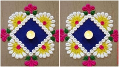 6. A minimal rangoli in shades of blue, white, yellow, pink and green (Pinterest) 6. A minimal rangoli in shades of blue, white, yellow, pink and green (Pinterest)