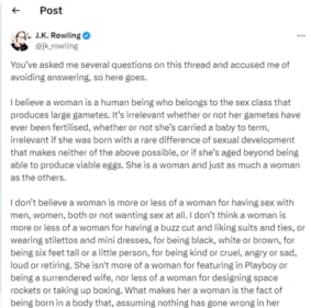 A screenshot of the author, JK Rowling's post written on April 6, in which she explains her position on who are women, and who aren't. (HT)