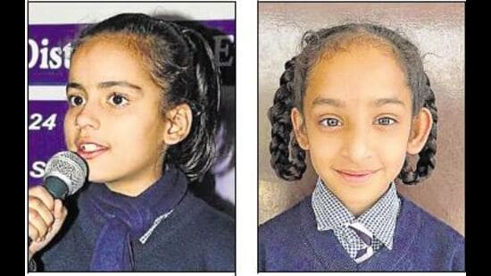 10-year-old Siya, daughter of a single mother, credited her success to the school staff and her mother and Daughter of a daily wage labourer, Paakshi, who secured 100% marks in Class 5, aspires to study paediatrics in future. (HT Photo)