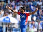Delhi Capitals' Khaleel Ahmed celebrates after taking a wicket. Delhi Capitals' Khaleel Ahmed celebrates after taking a wicket.