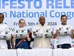 Congress leaders Sonia Gandhi, Mallikarjun Kharge and Rahul Gandhi at the launch of the party's manifesto for the 2024 Lok Sabha elections, at AICC headquarters in New Delhi.