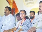 Navi Mumbai, India - April 7, 2024: NCP (Sharad Pawar) Member of Parliament Supriya Sule during "Mahasabha" public meeting of Baramati voters residing at Bhumiputra Ground Kopar Khairane in Navi Mumbai, India, on Sunday, April 7, 2024. (Photo by Bachchan Kumar/ HT PHOTO) (HT PHOTO) Navi Mumbai, India - April 7, 2024: NCP (Sharad Pawar) Member of Parliament Supriya Sule during "Mahasabha" public meeting of Baramati voters residing at Bhumiputra Ground Kopar Khairane in Navi Mumbai, India, on Sunday, April 7, 2024. (Photo by Bachchan Kumar/ HT PHOTO) (HT PHOTO)
