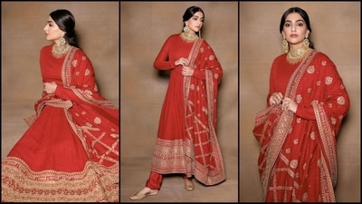 Lastly, women can opt for anarkali suits with traditional motifs. Its silhouette provides a flattering touch to your body. Pair it with statement earrings and heeled footwear for a classy look. (Instagram/@sonamkapoor) Lastly, women can opt for anarkali suits with traditional motifs. Its silhouette provides a flattering touch to your body. Pair it with statement earrings and heeled footwear for a classy look. (Instagram/@sonamkapoor)