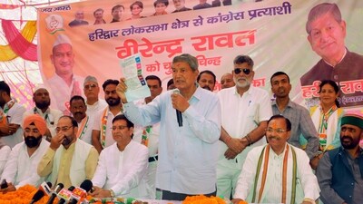 Congress leader and former Uttarakhand CM Harish Rawat speaks during a rally in support of party candidate in Dehradun, Uttarakhand. (PTI)