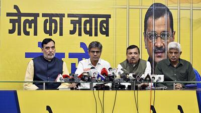 AAP leaders at the party office on Monday. (Arvind Yadav/HT Photo) AAP leaders at the party office on Monday. (Arvind Yadav/HT Photo)