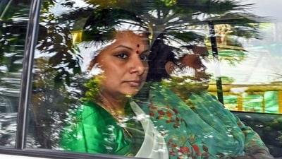 BRS leader K Kavitha being taken to Rouse Avenue court at the end of her Enforcement Directorate (ED) custody in Delhi excise policy money laundering case in New Delhi. (ANI) BRS leader K Kavitha being taken to Rouse Avenue court at the end of her Enforcement Directorate (ED) custody in Delhi excise policy money laundering case in New Delhi. (ANI)
