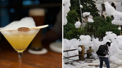The "Varthur Overflow" cocktail at a popular Bengaluru restaurant is named after the nearby lake that frothed due to pollution. (X/@championswimmer (L)) The "Varthur Overflow" cocktail at a popular Bengaluru restaurant is named after the nearby lake that frothed due to pollution. (X/@championswimmer (L))