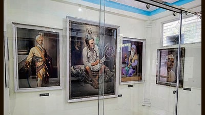 Four original paintings, Lord Krishna, Guru Teg Bahadur, Flight Lieutenant (retd) Harjit Singh Kahlon and American writer Lilian Bishoff, have been displayed for the first time at the gallery. (HT) Four original paintings, Lord Krishna, Guru Teg Bahadur, Flight Lieutenant (retd) Harjit Singh Kahlon and American writer Lilian Bishoff, have been displayed for the first time at the gallery. (HT)