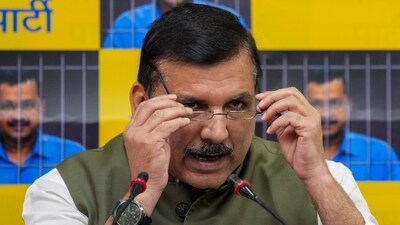 AAP MP Sanjay Singh during a press conference at the party office in New Delhi, Monday on April 8. (PTI)