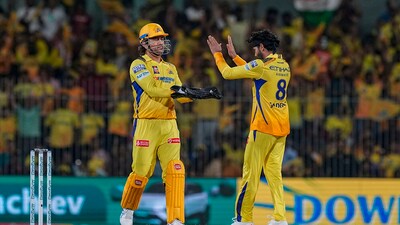 Chennai Super Kings' Ravindra Jadeja with Mahendra Singh Dhoni celebrates after taking the wicket of Kolkata Knight Riders' Angkrish Raghuvanshi (PTI) Chennai Super Kings' Ravindra Jadeja with Mahendra Singh Dhoni celebrates after taking the wicket of Kolkata Knight Riders' Angkrish Raghuvanshi (PTI)