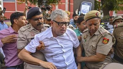 Police detain TMC lawmaker Derek O’Brien during the party’s protest outside the office of the Election Commission in New Delhi on Monday. (PTI) Police detain TMC lawmaker Derek O’Brien during the party’s protest outside the office of the Election Commission in New Delhi on Monday. (PTI)
