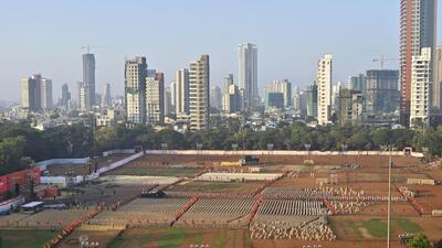 Preparations for a political rally to be held on Guddi Padwa at Chattrapti Shivaji Maharaj Park, Dadar, in Mumbai on Monday. (Photo by Anshuman Poyrekar/ Hindustan Times)