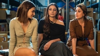 Kriti Sanon with Kareena Kapoor and Tabu in a still from Crew. Kriti Sanon with Kareena Kapoor and Tabu in a still from Crew.