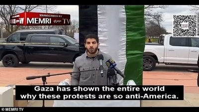 Tarek Bazzi at an anti-America rally in Michigan's Dearborn with many in audience chanting, 'Death to America' Tarek Bazzi at an anti-America rally in Michigan's Dearborn with many in audience chanting, 'Death to America'