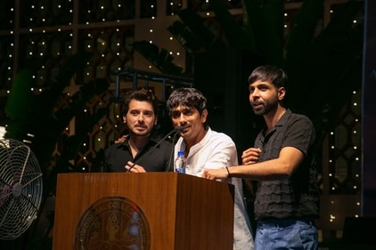 Abhishek Banerjee took to stage with Siddharth and Divyenndu. Abhishek Banerjee took to stage with Siddharth and Divyenndu.