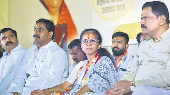 Navi Mumbai, India - April 7, 2024: NCP (Sharad Pawar) Member of Parliament Supriya Sule during "Mahasabha" public meeting of Baramati voters residing at Bhumiputra Ground Kopar Khairane in Navi Mumbai, India, on Sunday, April 7, 2024. (Photo by Bachchan Kumar/ HT PHOTO) (HT PHOTO)