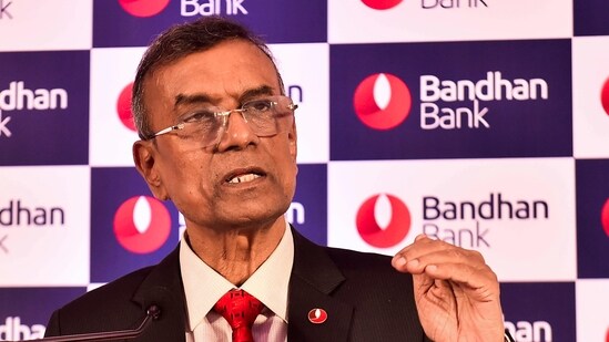 Bandhan Bank MD and CEO Chandra Shekhar Ghosh speaks during a press meet. (PTI)