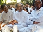 Shiv Sena (Uddhav Balasaheb Thackeray) chief Uddhav Thackeray with party leader Sanjay Raut, Nationalist Congress Party (SP) chief Sharad Pawar in Mumbai. (ANI file)