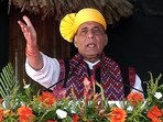 Defence Minister Rajnath Singh addresses a public meeting ahead of Lok Sabha polls, in Namsai on Tuesday. (ANI Photo)