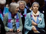 Rosmarie Wydler-Walti and Anne Mahrer, of the Swiss elderly women group Senior Women for Climate Protection, attend the hearing of the court for the ruling in the climate case Verein KlimaSeniorinnen Schweiz and Others v. Switzerland, at the European Court of Human Rights (ECHR) in Strasbourg,, France April 9, 2024. REUTERS/Christian Hartmann