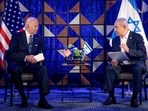 FILE PHOTO: U.S. President Joe Biden, left, meets with Israeli Prime Minister Benjamin Netanyahu, right, to discuss the ongoing conflict between Israel and Hamas, in Tel Aviv, Israel, Wednesday, Oct. 18, 2023. Miriam Alster/Pool via REUTERS/File Photo