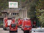 Firefighters vehicles on the site of an explosion occurred at the hydroelectric plant at the Suviana Dam, Italy Firefighters vehicles on the site of an explosion occurred at the hydroelectric plant at the Suviana Dam, Italy
