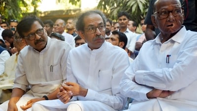 Shiv Sena (Uddhav Balasaheb Thackeray) chief Uddhav Thackeray with party leader Sanjay Raut, Nationalist Congress Party (SP) chief Sharad Pawar in Mumbai. (ANI file) Shiv Sena (Uddhav Balasaheb Thackeray) chief Uddhav Thackeray with party leader Sanjay Raut, Nationalist Congress Party (SP) chief Sharad Pawar in Mumbai. (ANI file)