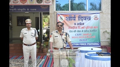 Commandant of 101 Bn of RAF Manoj Kumar Gautam addressing officers and personnel on Tuesday. (HT Photo)