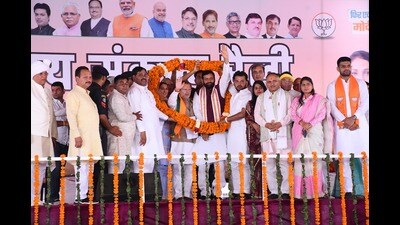 Haryana chief minister Nayab Singh Saini during the rally at Meham on Tuesday. (HT Photo) Haryana chief minister Nayab Singh Saini during the rally at Meham on Tuesday. (HT Photo)